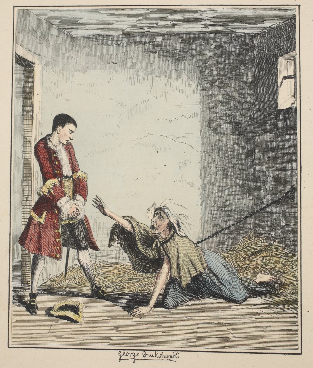 Jack Sheppard besucht seine Mutter in Bedlam, Illustration aus Jack Sheppard: Eine Romanze von William Harrison Ainsworth, veröffentlicht 1839 (handkolorierte Radierung) von George Cruikshank