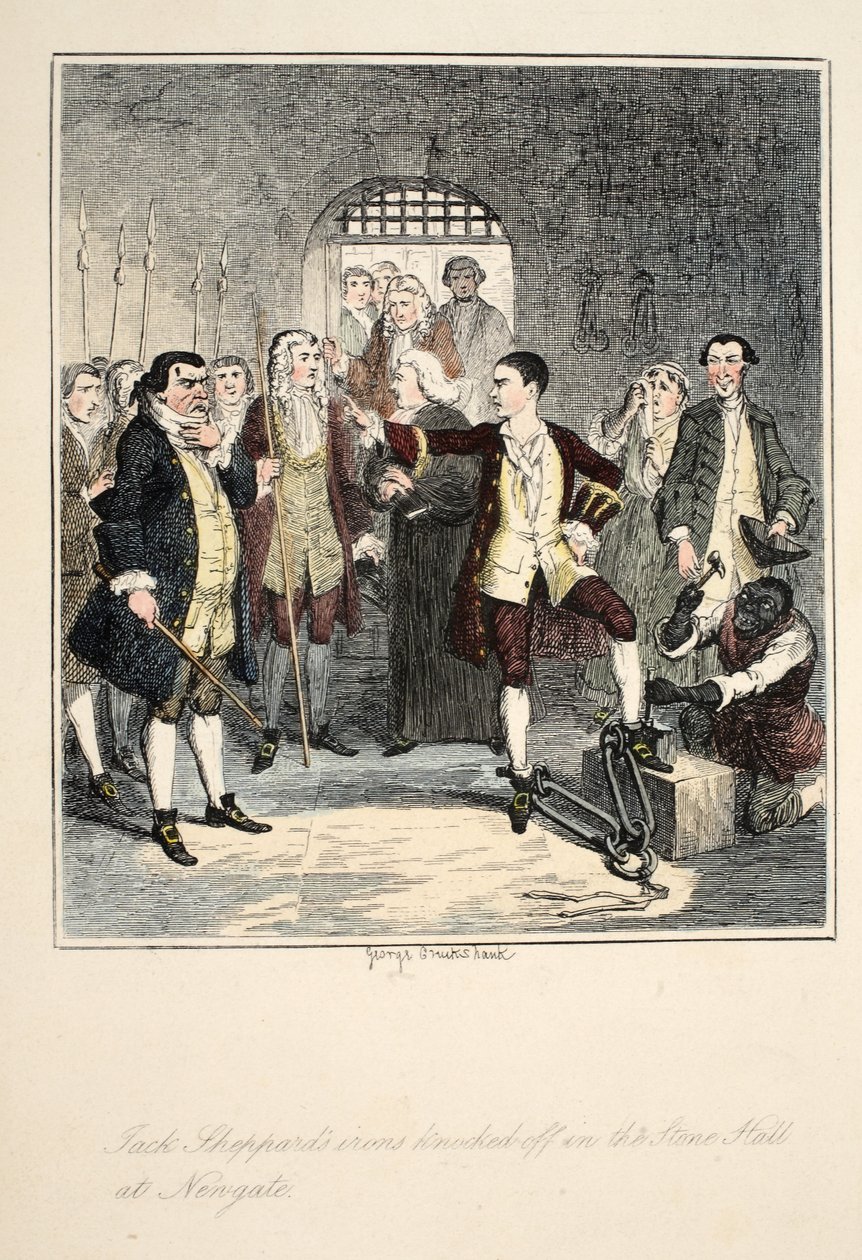Jack Sheppards Fesseln werden in der Steinhall von Newgate abgeschlagen, Illustration aus Jack Sheppard: Eine Romanze von William Harrison Ainsworth, veröffentlicht 1839 von George Cruikshank