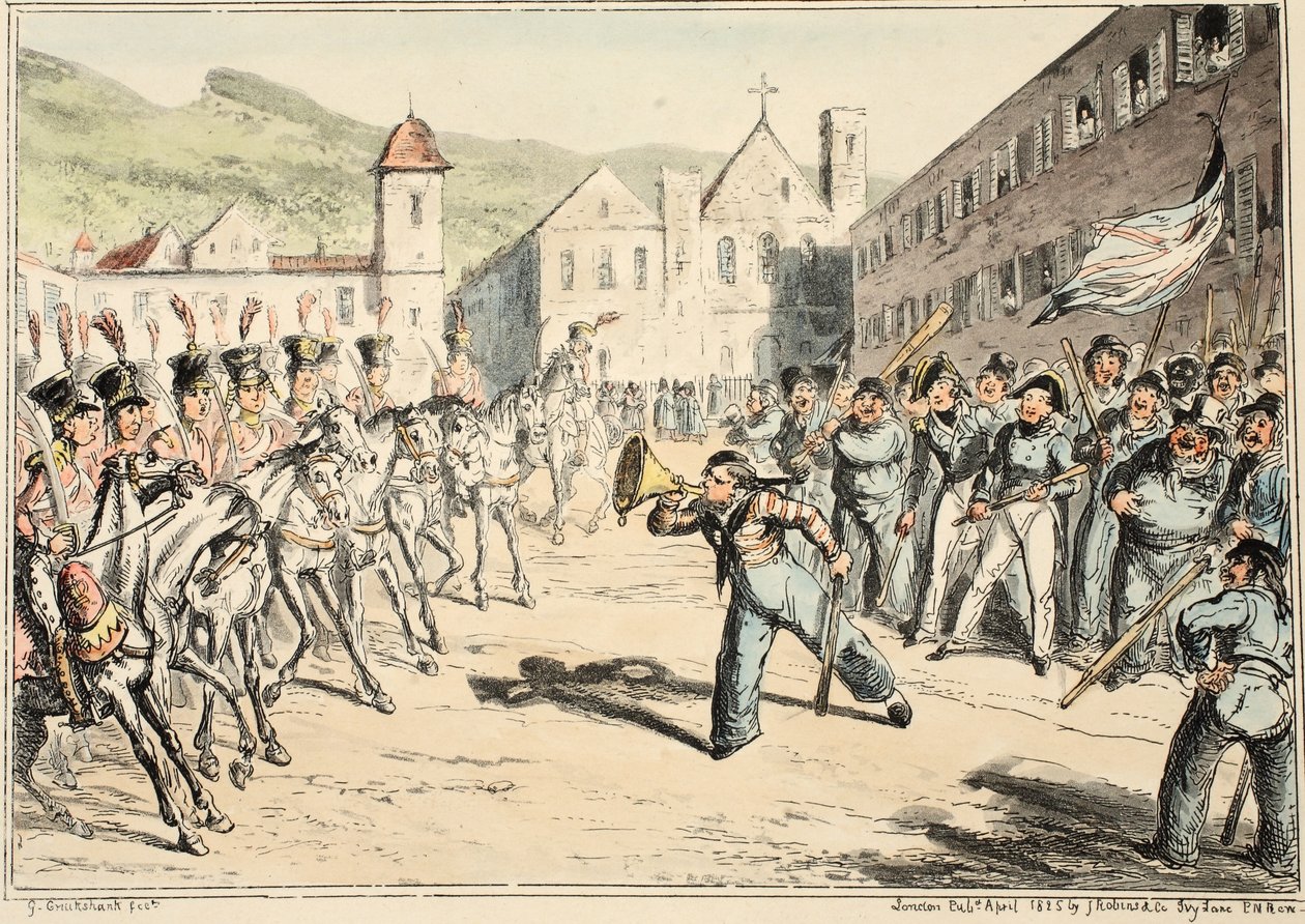 Jacks Trompete der Herausforderung, aus Greenwich Hospital, eine Serie von Marine-Skizzen, die das Leben eines Kriegsschiffsmannes beschreiben, veröffentlicht 1826 (handkolorierte Gravur) von George Cruikshank