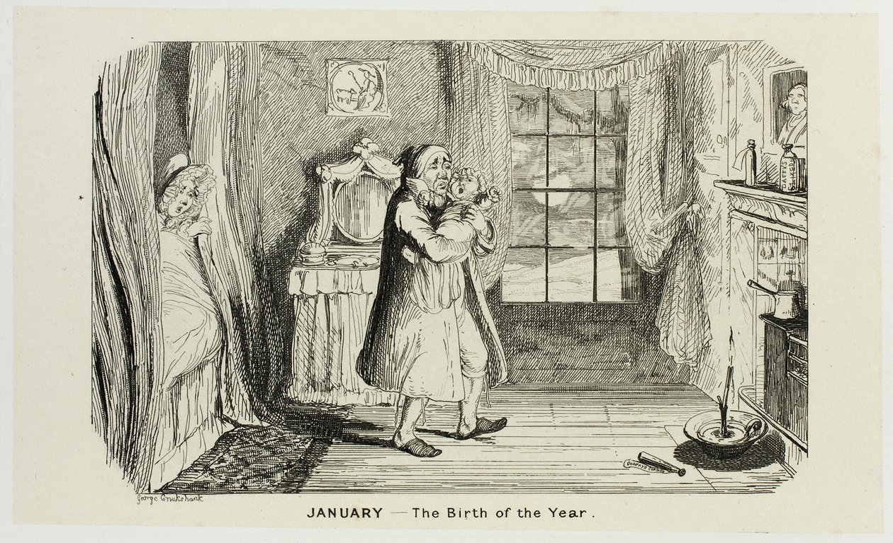 Januar - Die Geburt des Jahres aus George Cruikshanks Stahlradierungen zu The Comic Almanacks: 1835-1853 von George Cruikshank
