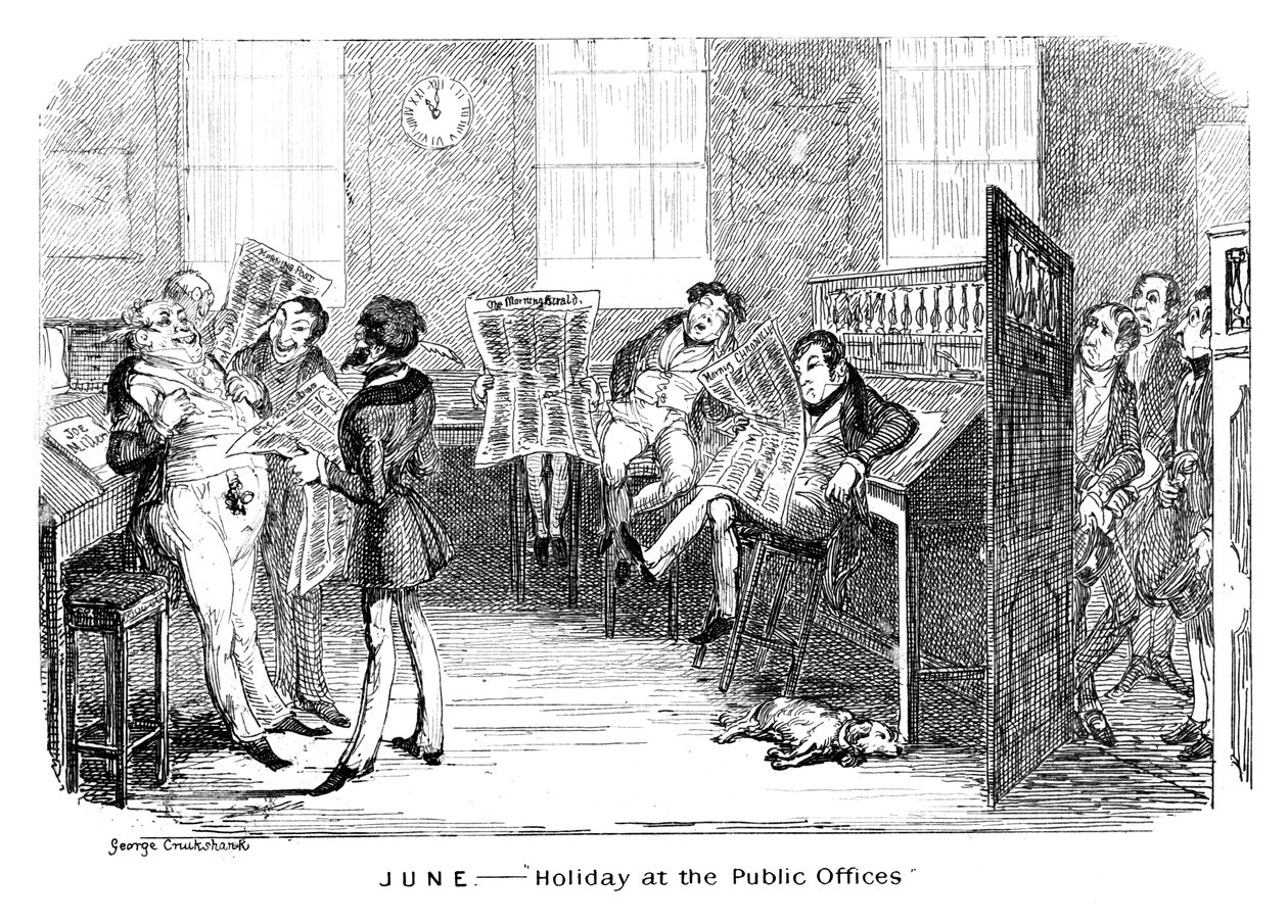 Juni - Feiertag in den öffentlichen Ämtern, um 1836 von George Cruikshank