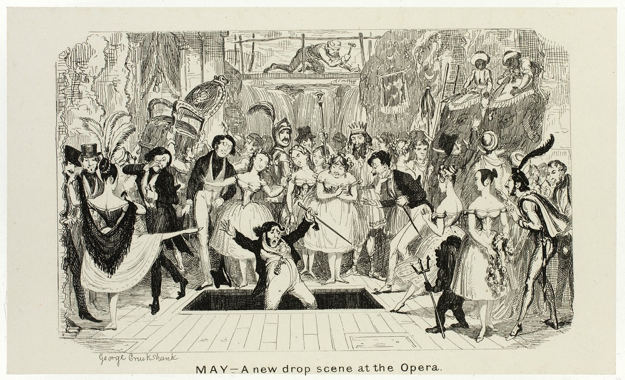 Mai - Eine neue Kulisse an der Oper aus George Cruikshanks Stahlradierungen zu The Comic Almanacks: 1835-1853 von George Cruikshank