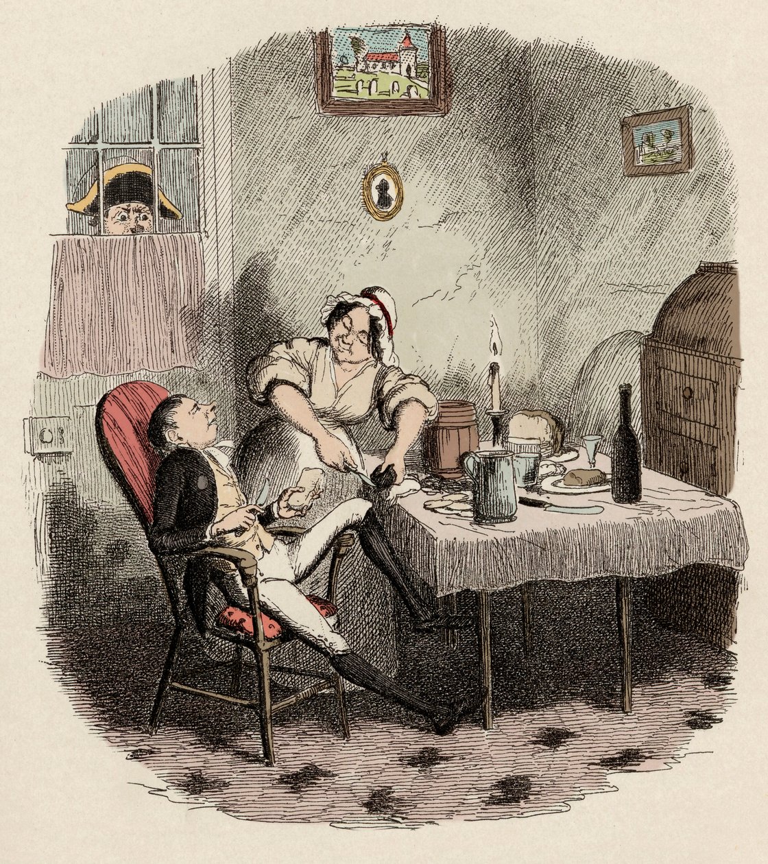 Monsieur Bumble beobachtet Noe Claypole und Charlotte - Mr. Claypole, wie er erschien, als sein Meister abwesend war - Illustration für „Oliver Twist“ (Die Abenteuer von Oliver Twist) von Charles Dickens (1812-1870), von George Cruikshank (1792-1878). von George Cruikshank