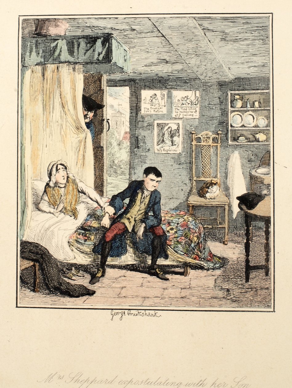 Mrs. Sheppard ermahnt ihren Sohn, Illustration aus Jack Sheppard: Eine Romanze von William Harrison Ainsworth, veröffentlicht 1839 (handkolorierte Radierung) von George Cruikshank