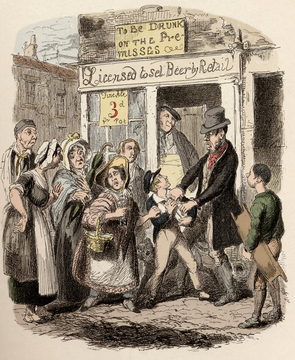 Nancy und Sikes entführen Oliver auf der Straße - Oliver wird von seinen liebevollen Freunden beansprucht - Illustration für „Oliver Twist“ (Die Abenteuer von Oliver Twist) von Charles Dickens (1812-1870), von George Cruikshank (1792-1878). von George Cruikshank
