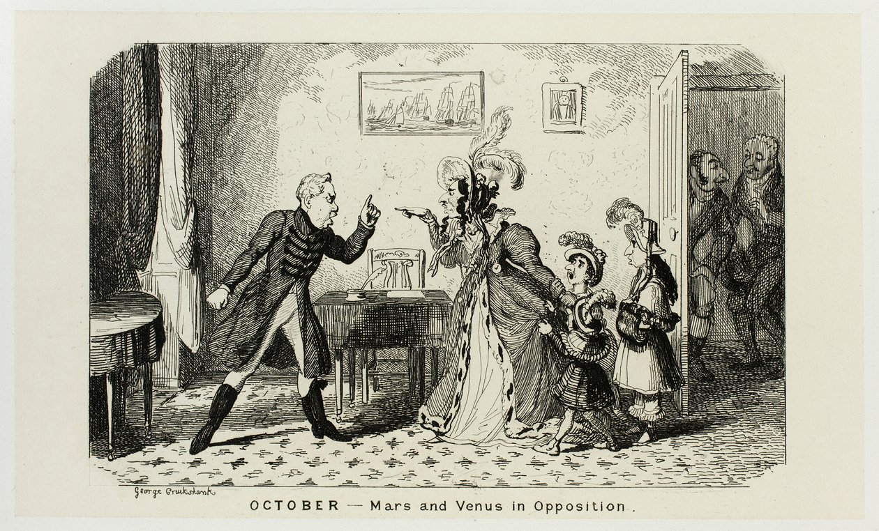 Oktober - Mars und Venus in Opposition aus George Cruikshanks Stahlradierungen für The Comic Almanacks: 1835-1853 von George Cruikshank