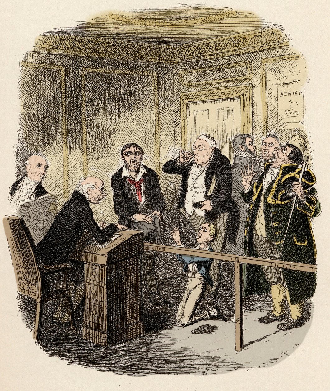 Oliver bittet den Kinderrichter, ihn nicht bei Gamfield, dem Schornsteinfeger, in die Lehre zu geben - Illustration für „Oliver Twist“ von Charles Dickens (1812-1870) von George Cruikshank