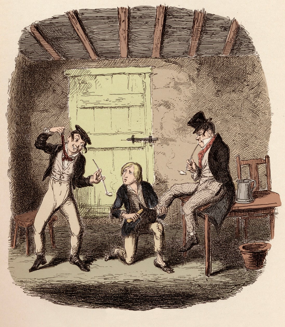 Oliver wachst die Schuhe des Fuchses, während Charley Bates die Gefahren des Hängens erklärt - Illustration für „Oliver Twist“ von Charles Dickens, von George Cruikshank von George Cruikshank