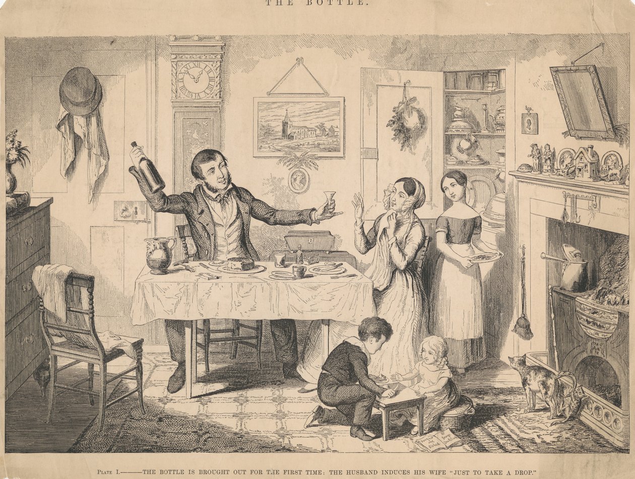 Tafel I, Die Flasche wird zum ersten Mal herausgeholt von George Cruikshank