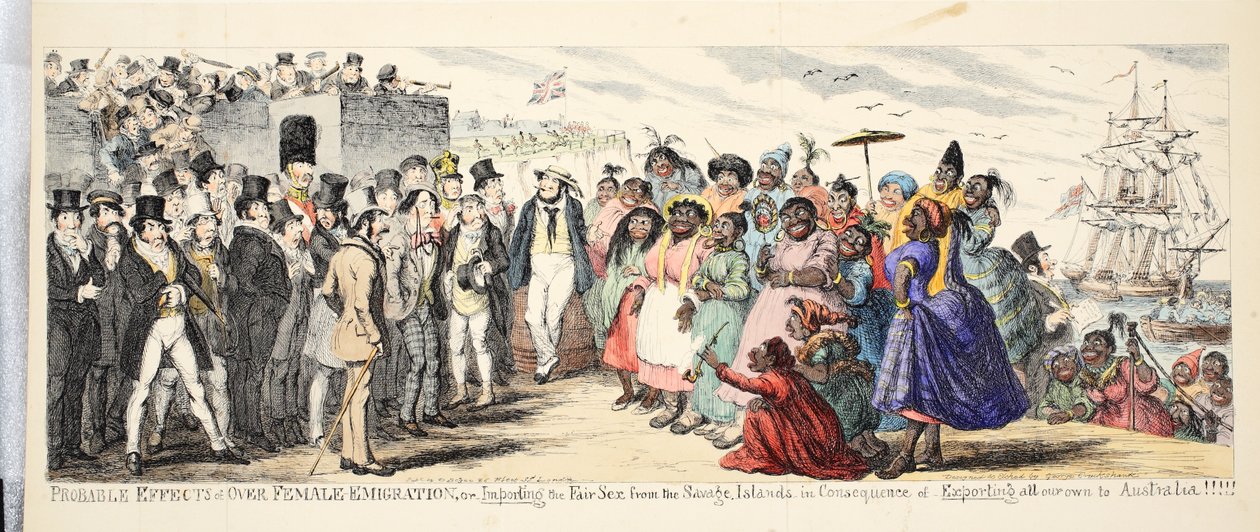 Wahrscheinliche Auswirkungen der Überemigration von Frauen oder der Import des schönen Geschlechts von den wilden Inseln infolge des Exports aller unserer eigenen nach Australien!, veröffentlicht um 1844 von George Cruikshank