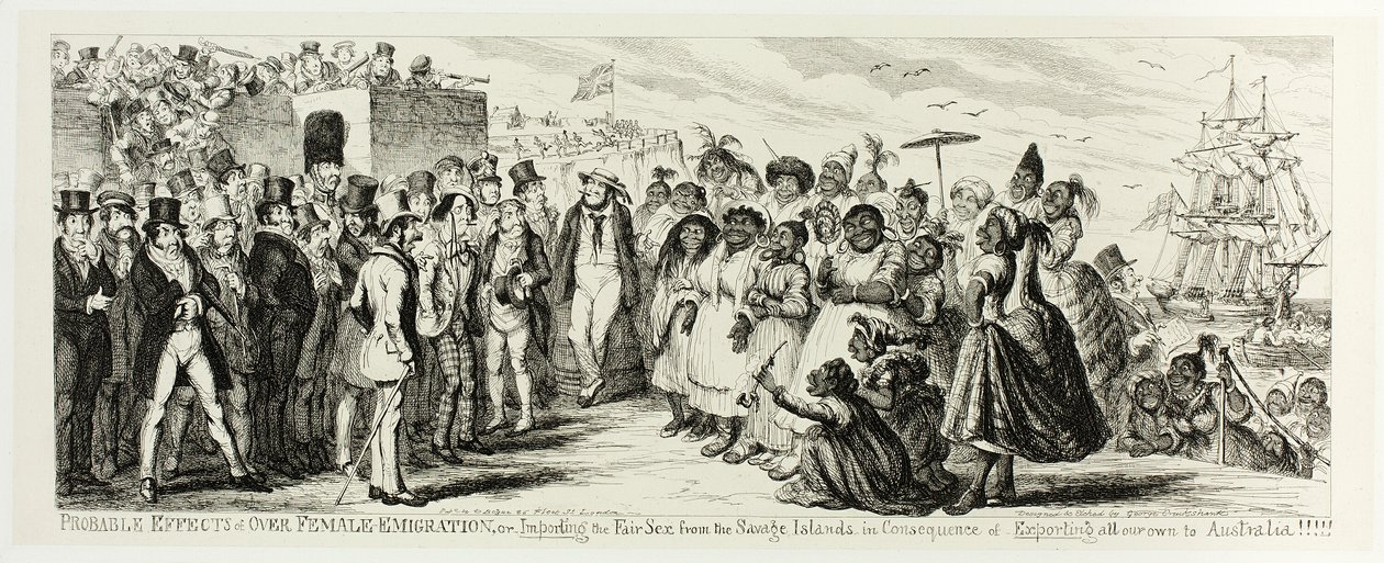 Wahrscheinliche Auswirkungen der Überemigration von Frauen oder Import der schönen Geschlechter von den wilden Inseln infolge des Exports aller unserer eigenen nach Australien!!!!! aus George Cruikshanks Stahlradierungen zu The Comic Almanacks: 1835-1853 von George Cruikshank