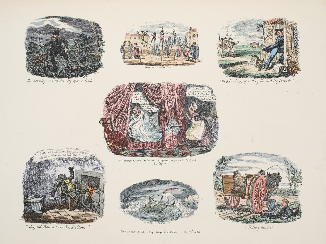 Serie von Illustrationen zu den Vorteilen und Nachteilen des Besitzes eines Holzbeins, veröffentlicht 1828 von George Cruikshank