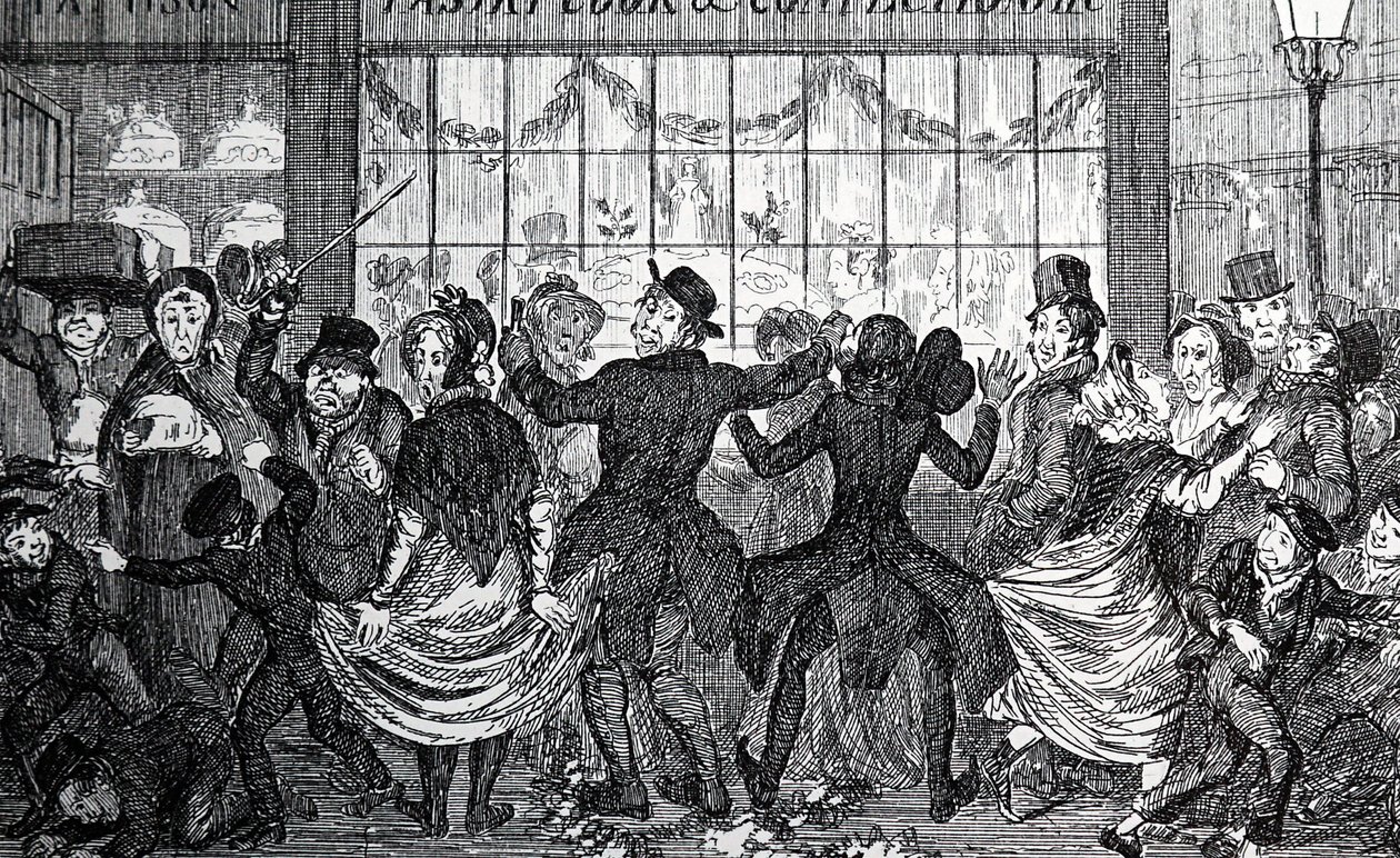 Straßenkinder verursachen Chaos in der Menge vor einem Konditor- und Bäckereigeschäft am Dreikönigstag von George Cruikshank