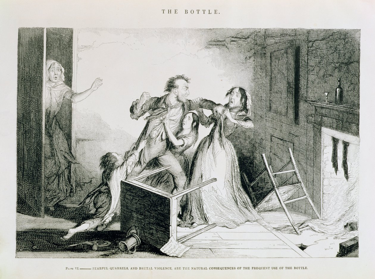 Die Flasche, Platte VI, Furchtbare Streitigkeiten und brutale Gewalt sind die natürlichen Folgen des häufigen Gebrauchs der Flasche, 1847 von George Cruikshank