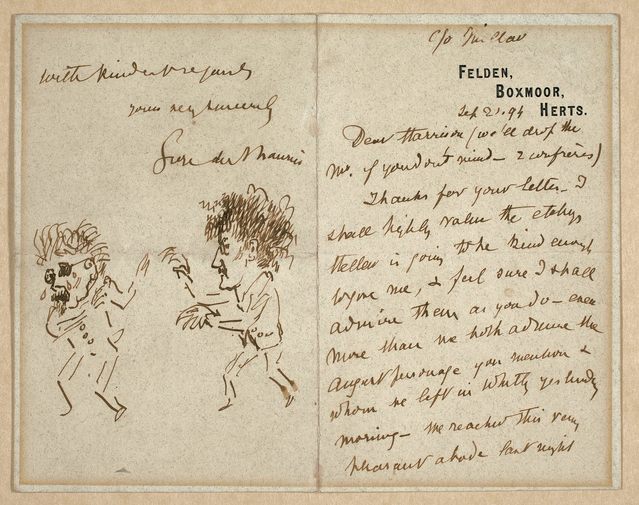 Brief mit Zeichnung von Whistler, der Du Maurier bedroht von George du Maurier