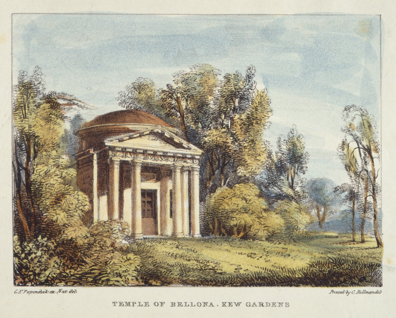Tempel der Bellona, Kew Gardens, Tafel 24 aus Kew Gardens: Eine Serie von vierundzwanzig Zeichnungen auf Stein, graviert von Charles Hullmandel (1789-1850), veröffentlicht 1820 von George Ernest after Papendiek