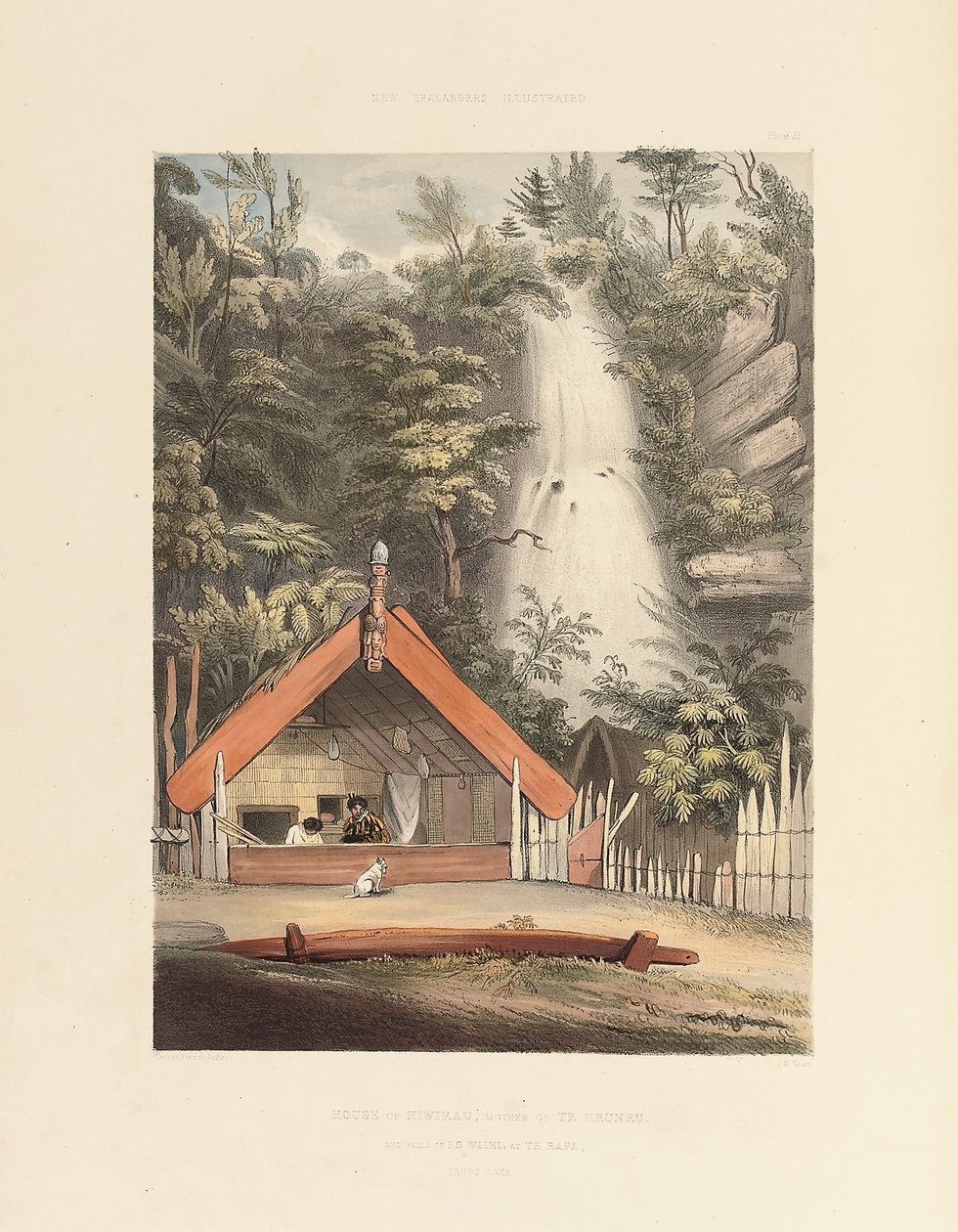Haus von Hiwikau, Mutter des Heuneu, und Wasserfälle von Ko Waihi, bei Te Rapa, Tafel 21 aus "The New Zealanders Illustrated", 1847 von George French Angas