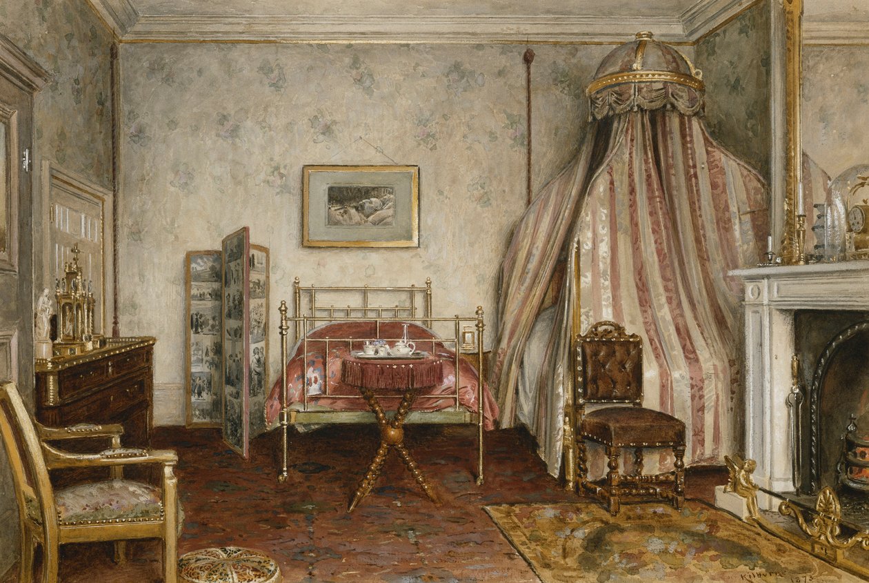 Ansicht des Schlafzimmers, in dem Napoleon III. starb, Camden Place, Chislehurst, Kent, 1873 von George Goodwin Kilburne