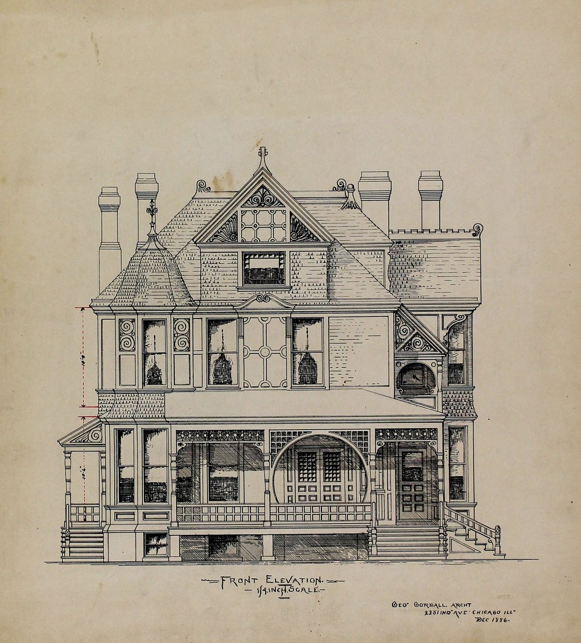 Präsentationsdesignzeichnungen, Residenz für Dr. Stratford, Chicago, Illinois, Vorderansicht von George Gorball