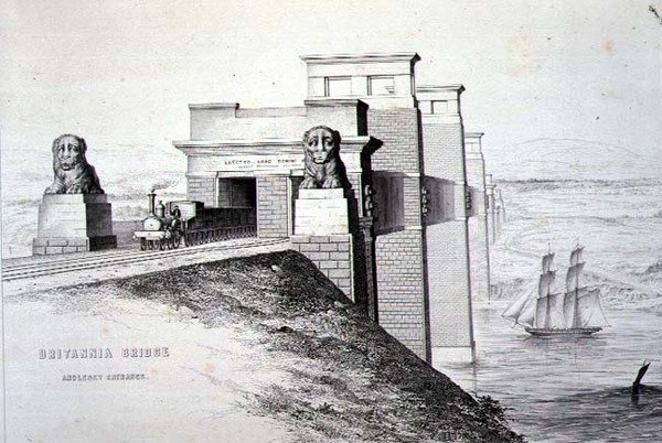 Britannia-Brücke, Anglesey-Eingang, graviert vom Künstler, veröffentlicht 1849 von George Hawkins