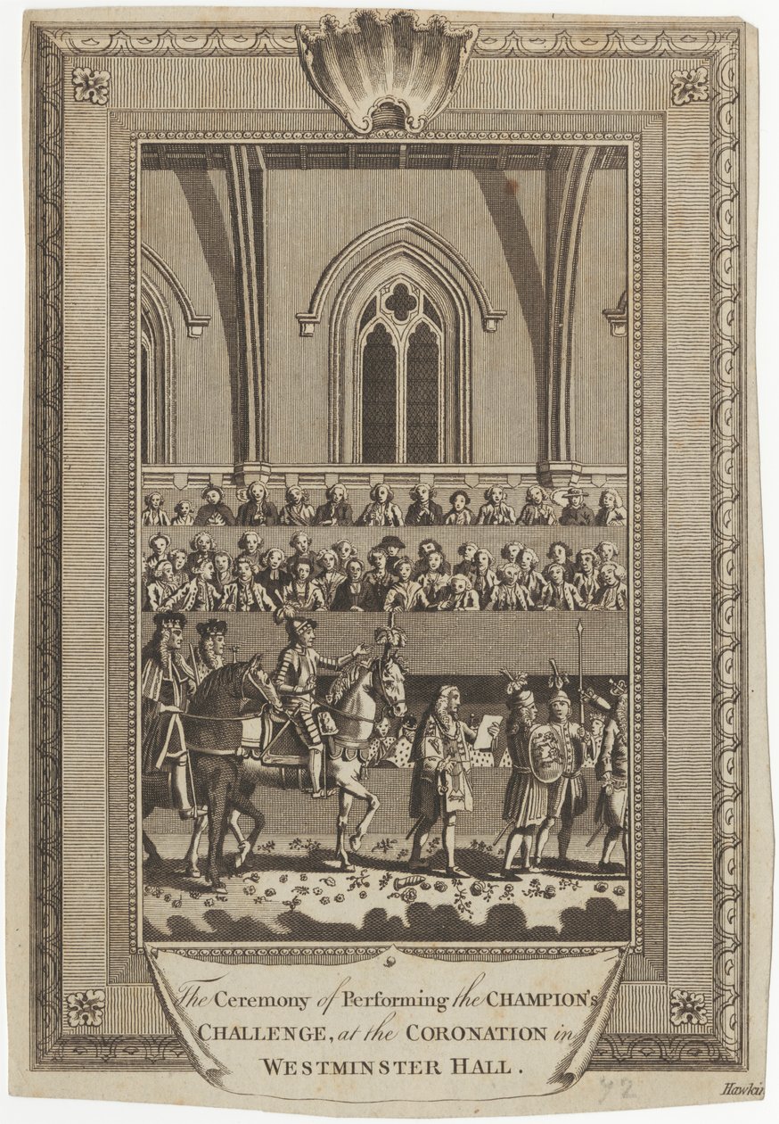 Die Zeremonie der Durchführung der Herausforderung des Champions bei der Krönung in der Westminster Hall von George Hawkins