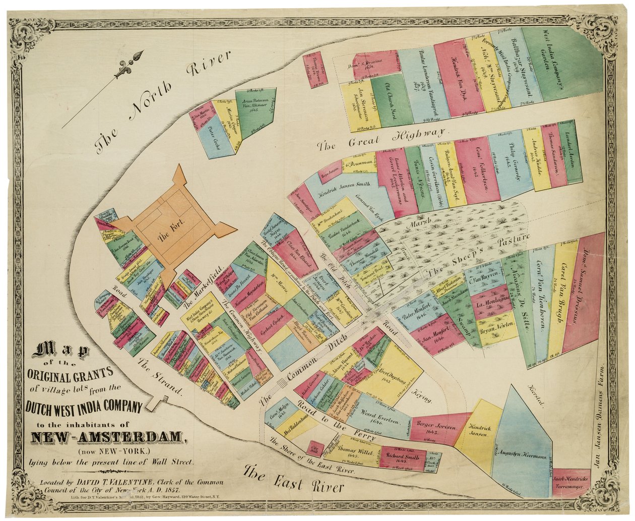 Karte der ursprünglichen Zuteilungen von Dorflosen durch die Niederländische Westindien-Kompanie an die Bewohner von Neu-Amsterdam (heute New York) unterhalb der heutigen Wall Street, 1857 von George Hayward