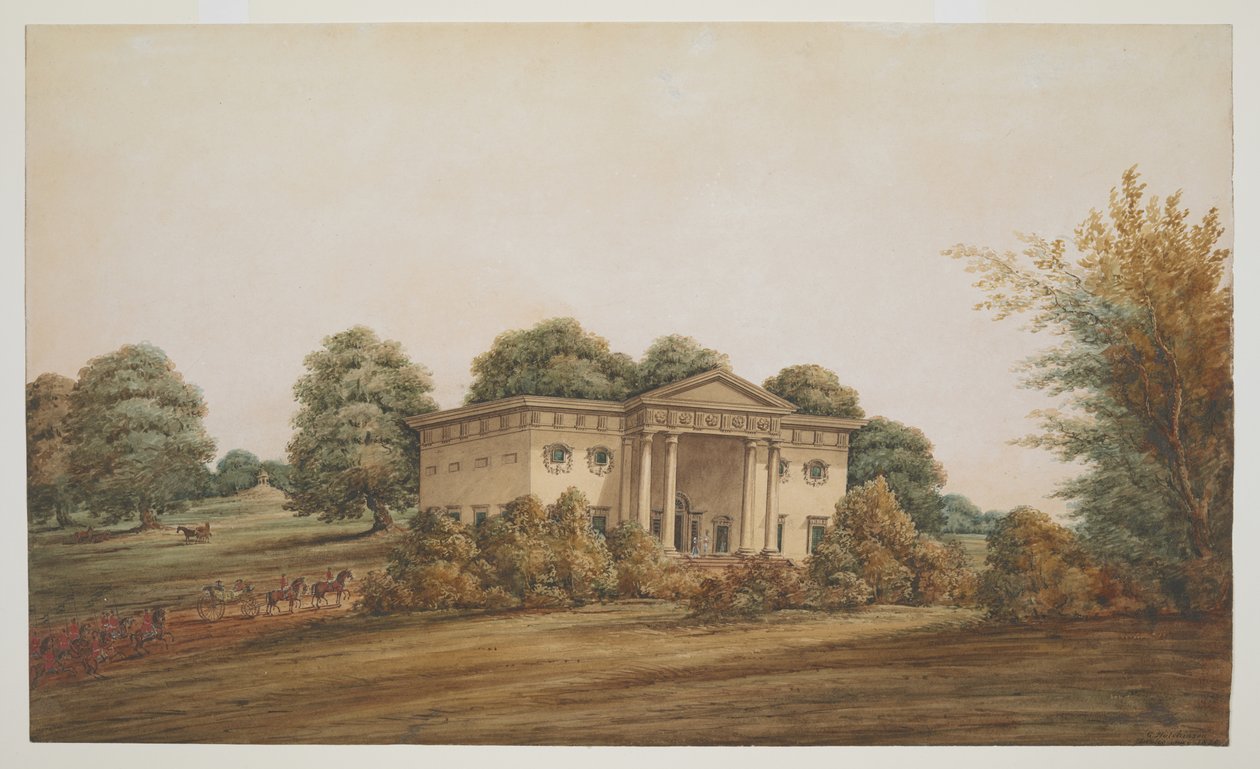 Ein palladianisches Gartenhaus in einer parkähnlichen Landschaft, Delhi, mit einer Kutsche und Begleitern von George Hutchinson