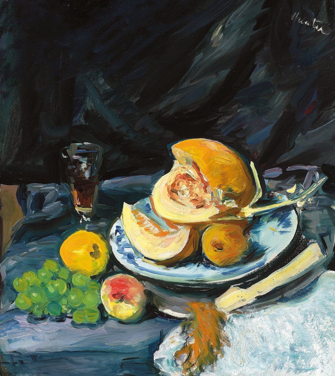 Stillleben mit geschnittener Melone, Glas und Fächer, ca. 1920 von George Leslie Hunter