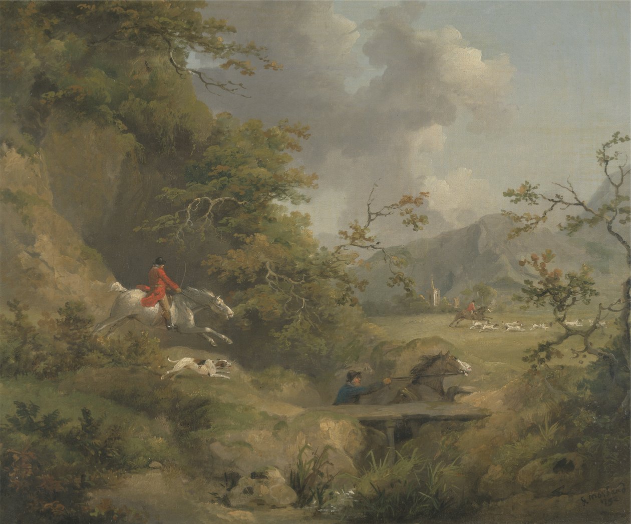 Fuchsjagd in hügeligem Gelände von George Morland