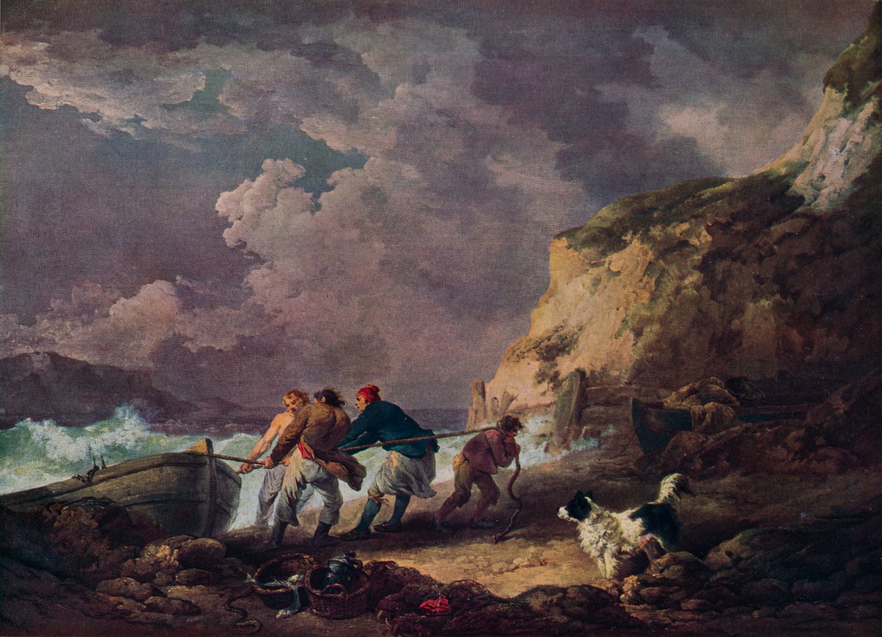 Küste: Fischer ziehen ein Boot an Land, 1791 von George Morland