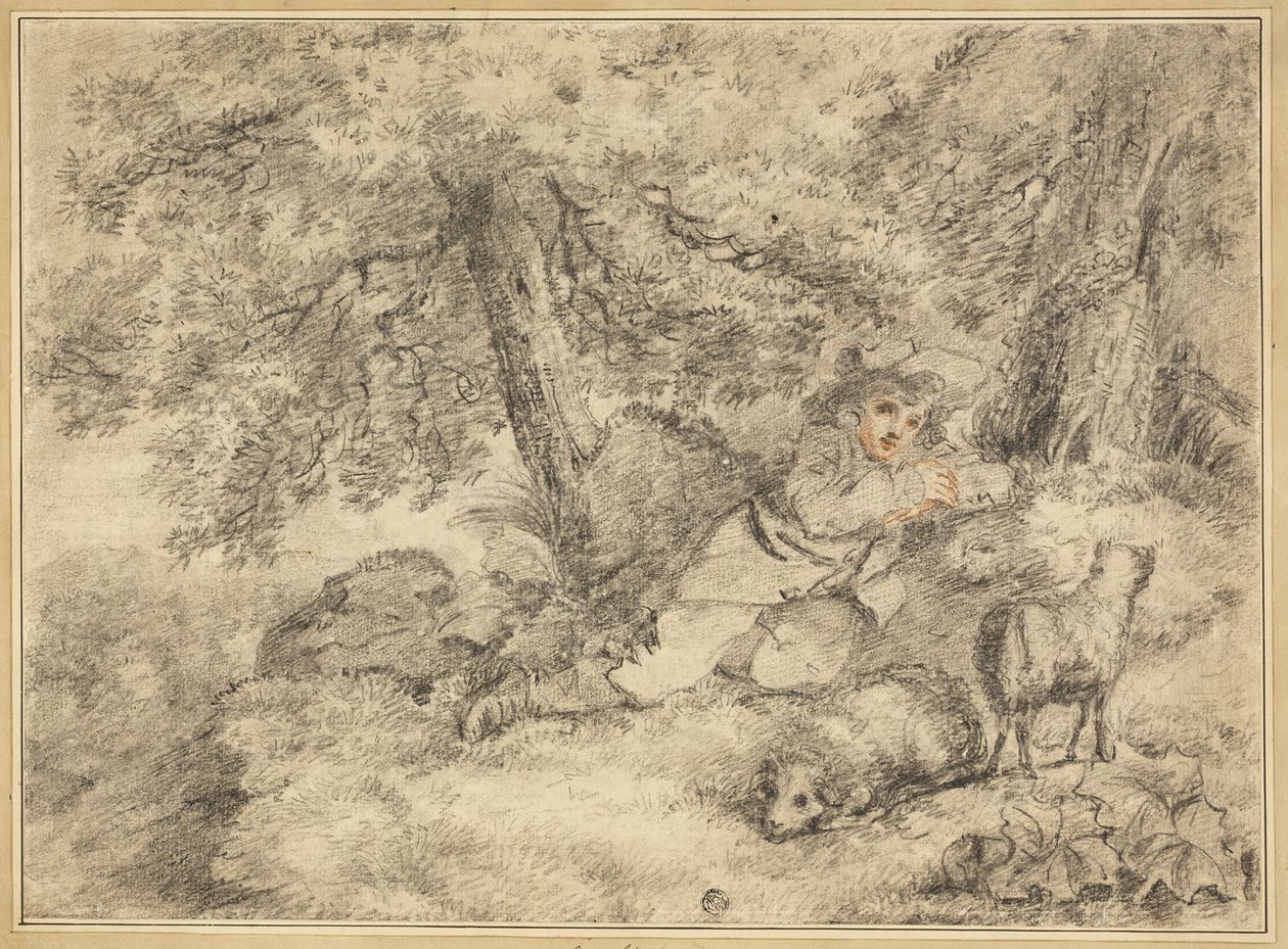Hirtenjunge mit Lämmern im Wald von George Morland