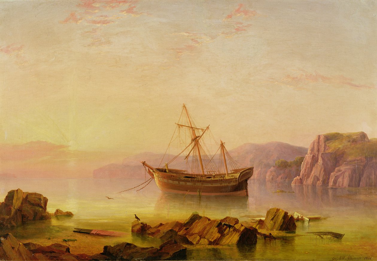 Ein Schiff vor Anker in einer Bucht bei Sonnenuntergang von George Mounsey Wheatley Atkinson