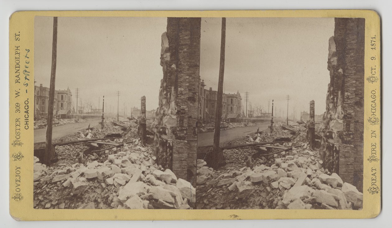Stereograph der Washington Street von der Ecke LaSalle Street nach Osten nach dem Chicago-Feuer von 1871, 1871 von George N. Barnard