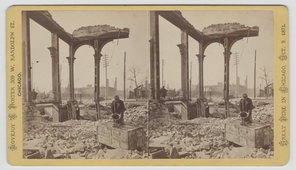 Stereograph eines Mannes, der einen Safe unter den Ruinen nach dem Chicago-Feuer von 1871 kühlt, 1871 von George N. Barnard