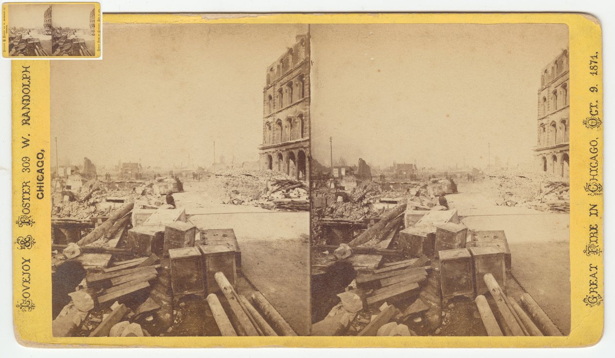 Stereograph von Safes, die nach dem Chicago-Feuer von 1871 aus den Ruinen der Dearborn Street geborgen wurden, 1871 von George N. Barnard