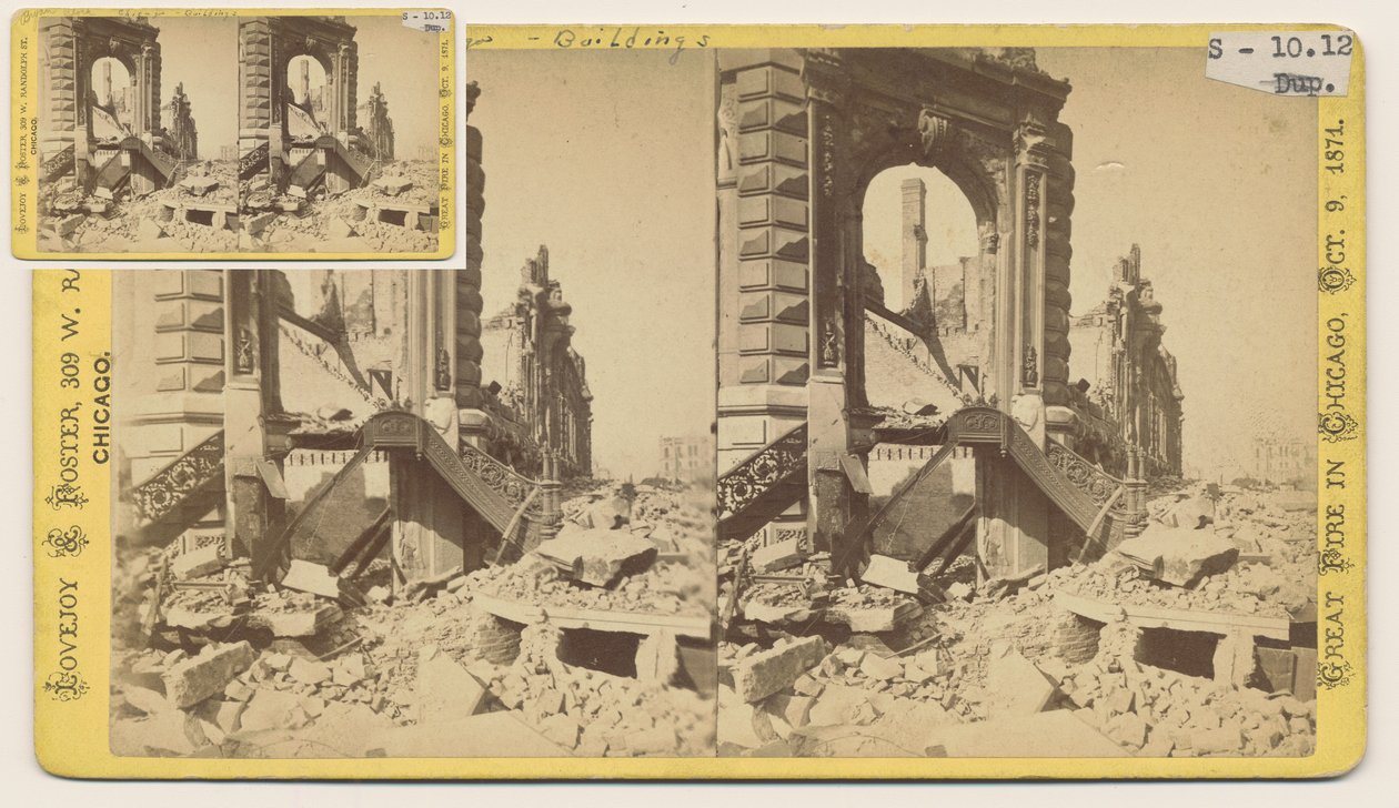 Stereograph des Bryan Block an der nordwestlichen Ecke der Monroe und LaSalle Streets nach dem Chicago-Feuer von 1871, 1871 von George N. Barnard