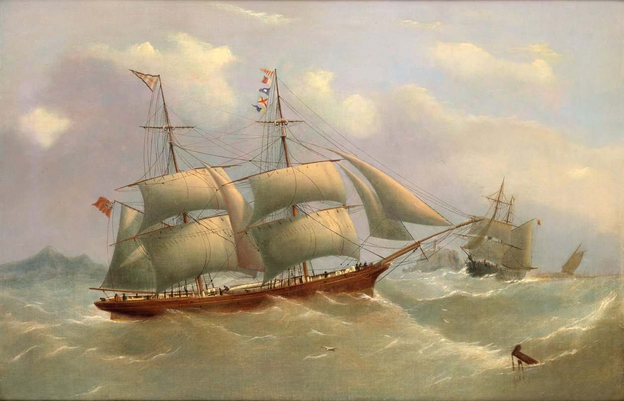Die Ellen Ashcroft von Whitehaven unter reduzierten Segeln, in zwei Positionen vor einer felsigen Landzunge, um 1868 von George Nelson