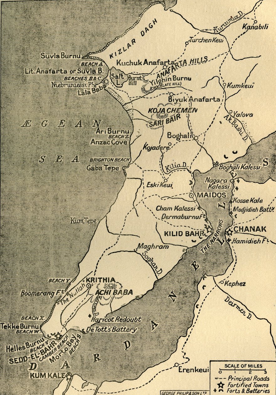 Karte der Halbinsel Gallipoli, 1919 von George Philip and Son Ltd