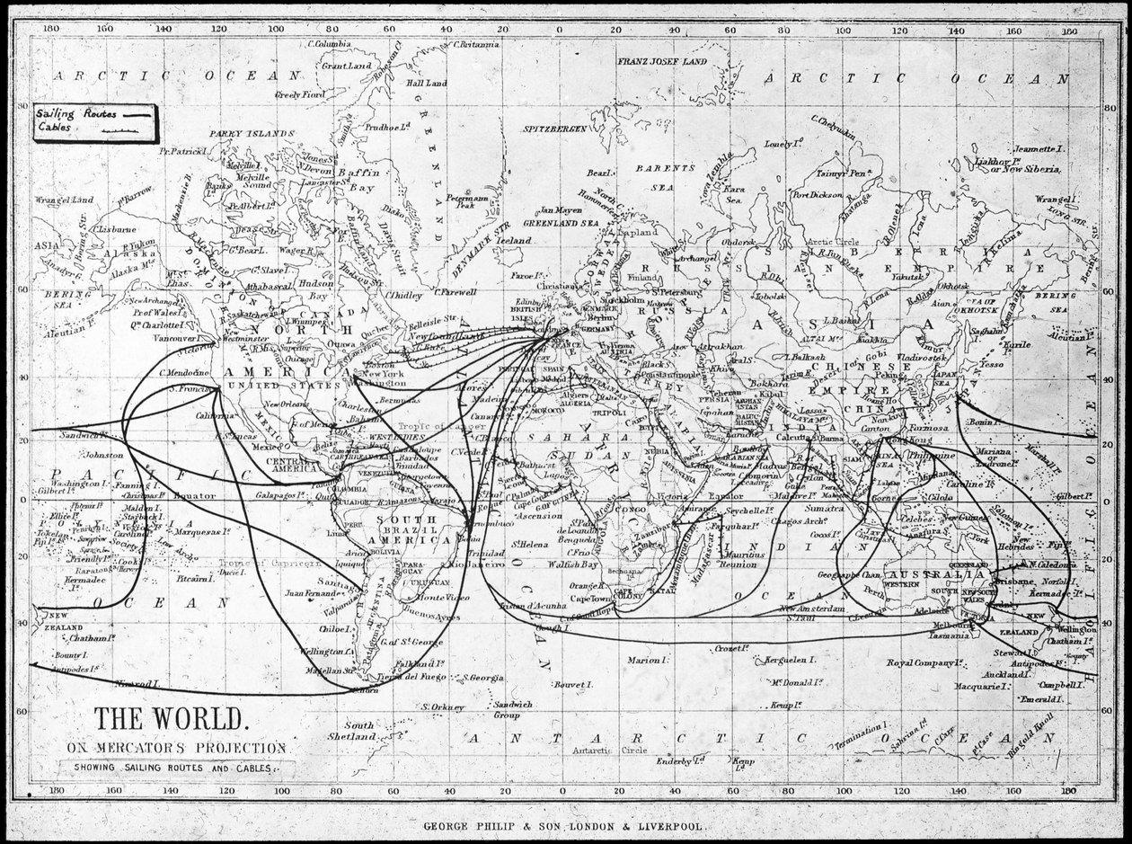 Weltkarte mit Segelrouten und Telegrafenkabeln, ca. 1893 von George Philip and Son Ltd
