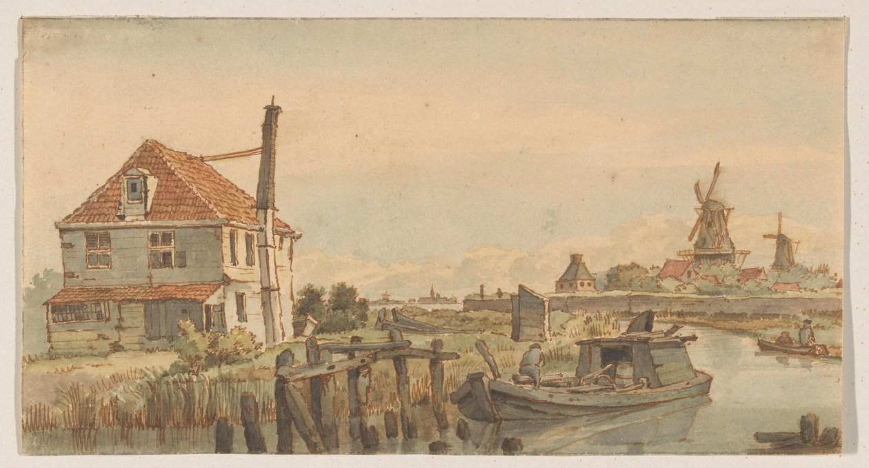 Kanal mit einem Boot, einem Haus und zwei Mühlen von George Pieter Westenberg