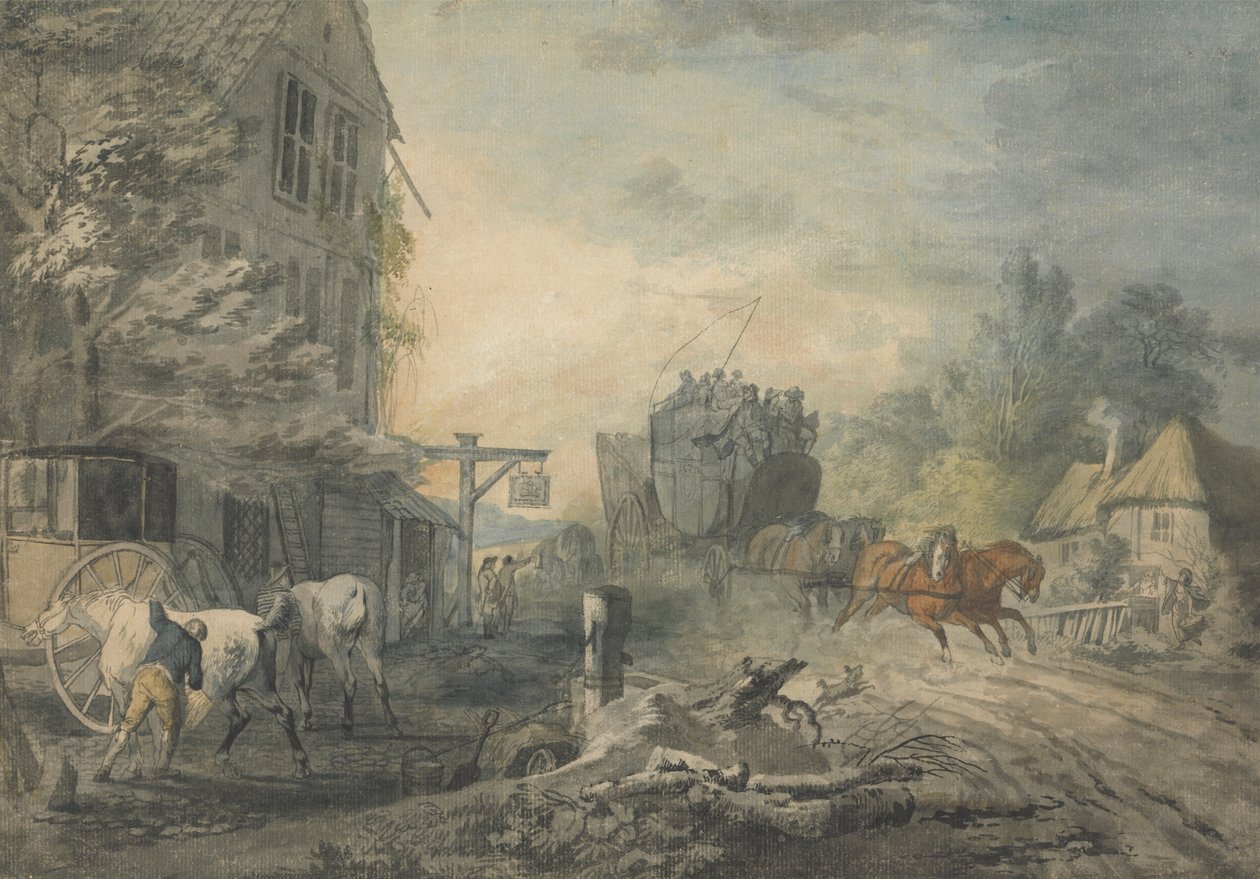 Eine Postkutsche und vier Pferde rasen durch ein Dorf auf der Bath-London Straße von George Robertson