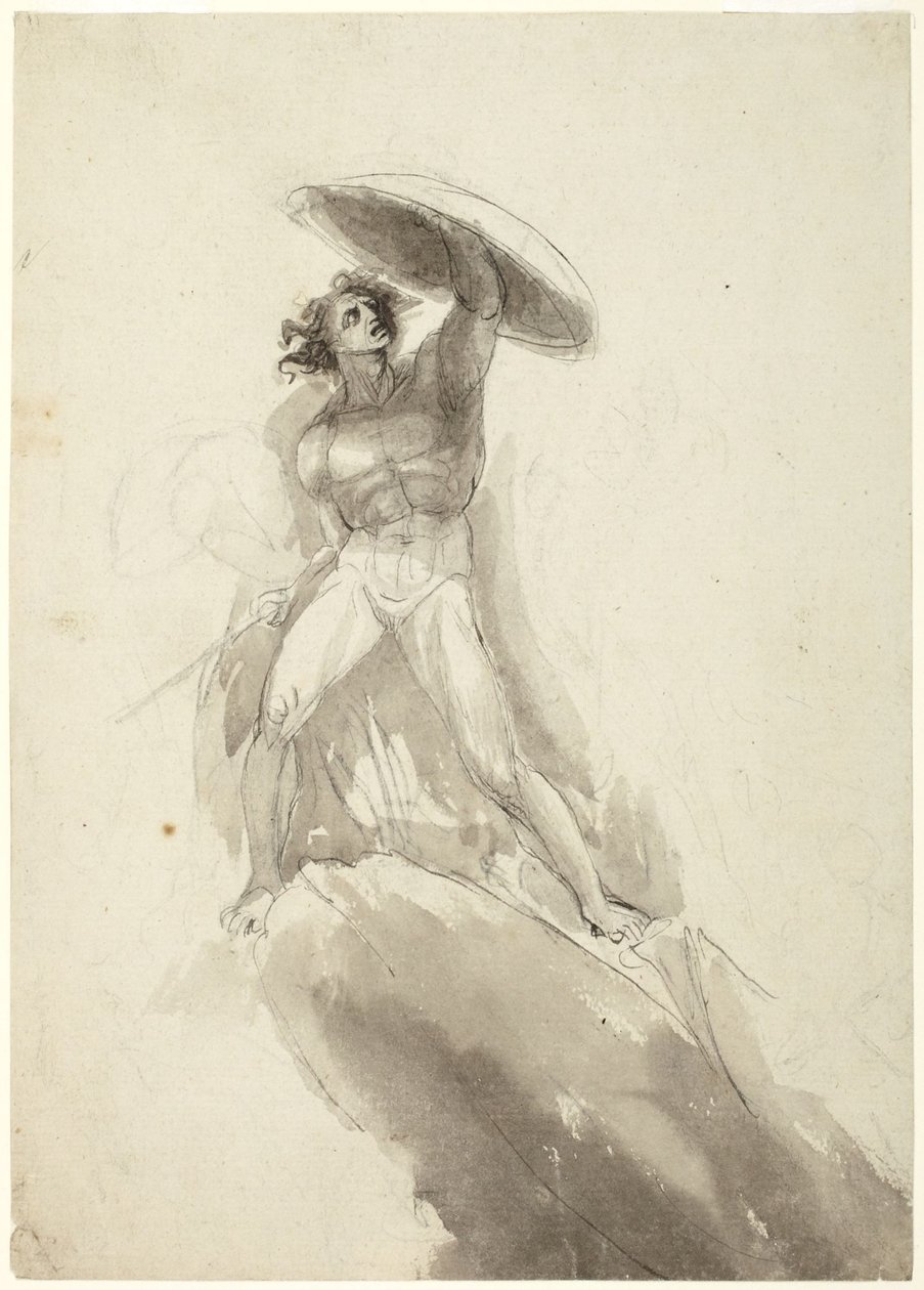 Schreitender männlicher Akt mit Schild: Studie für den Fall der rebellischen Engel von George Romney