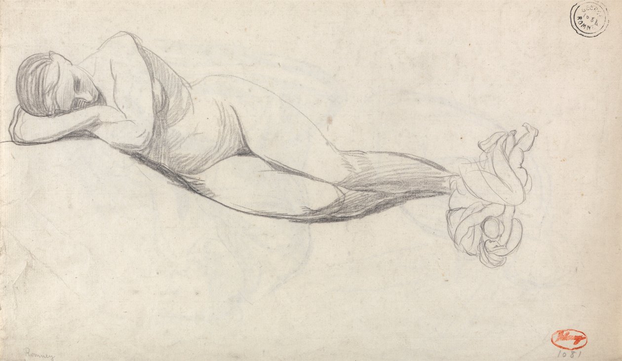 Studie eines liegenden Aktes und einer sitzenden Frau, die von einem Kind getröstet wird von George Romney