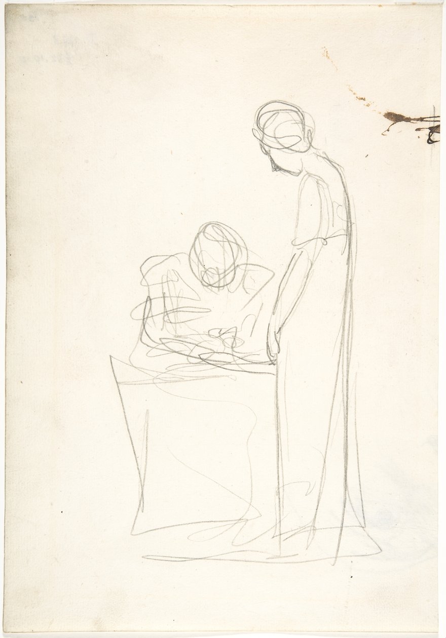 Studie von zwei Figuren: eine sitzend, die andere stehend (recto). Studie eines nach oben blickenden Kopfes (verso) von George Romney