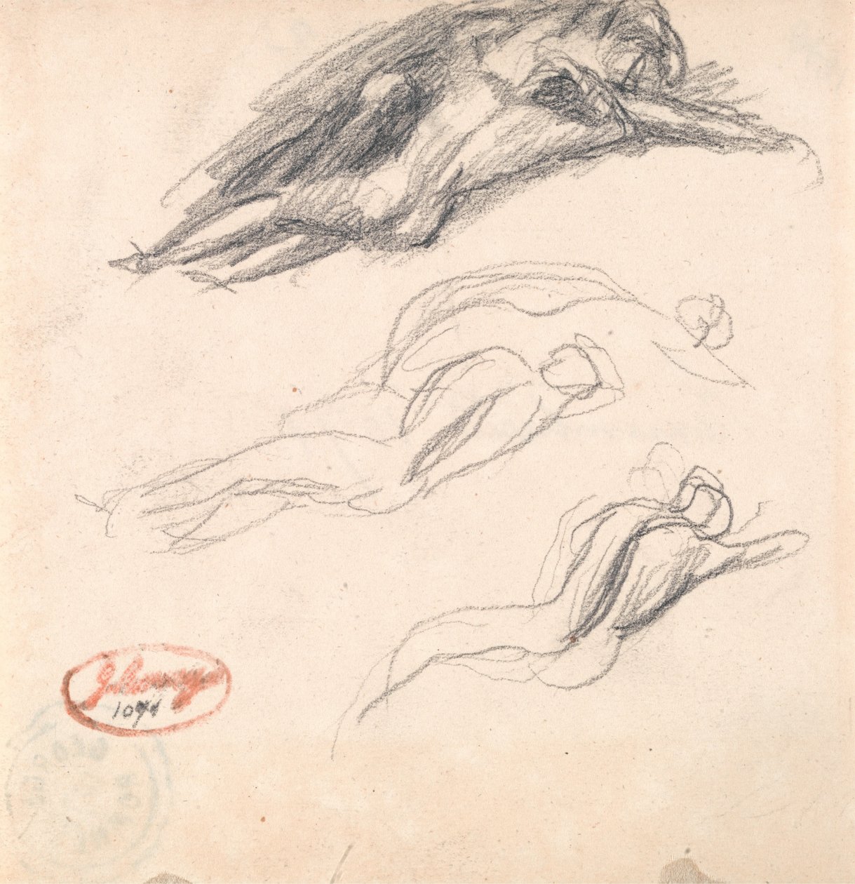 Drei Skizzen einer schlafenden Figur, wahrscheinlich Adam und Eva für "Satan entdeckt am Ohr von Eva" von George Romney