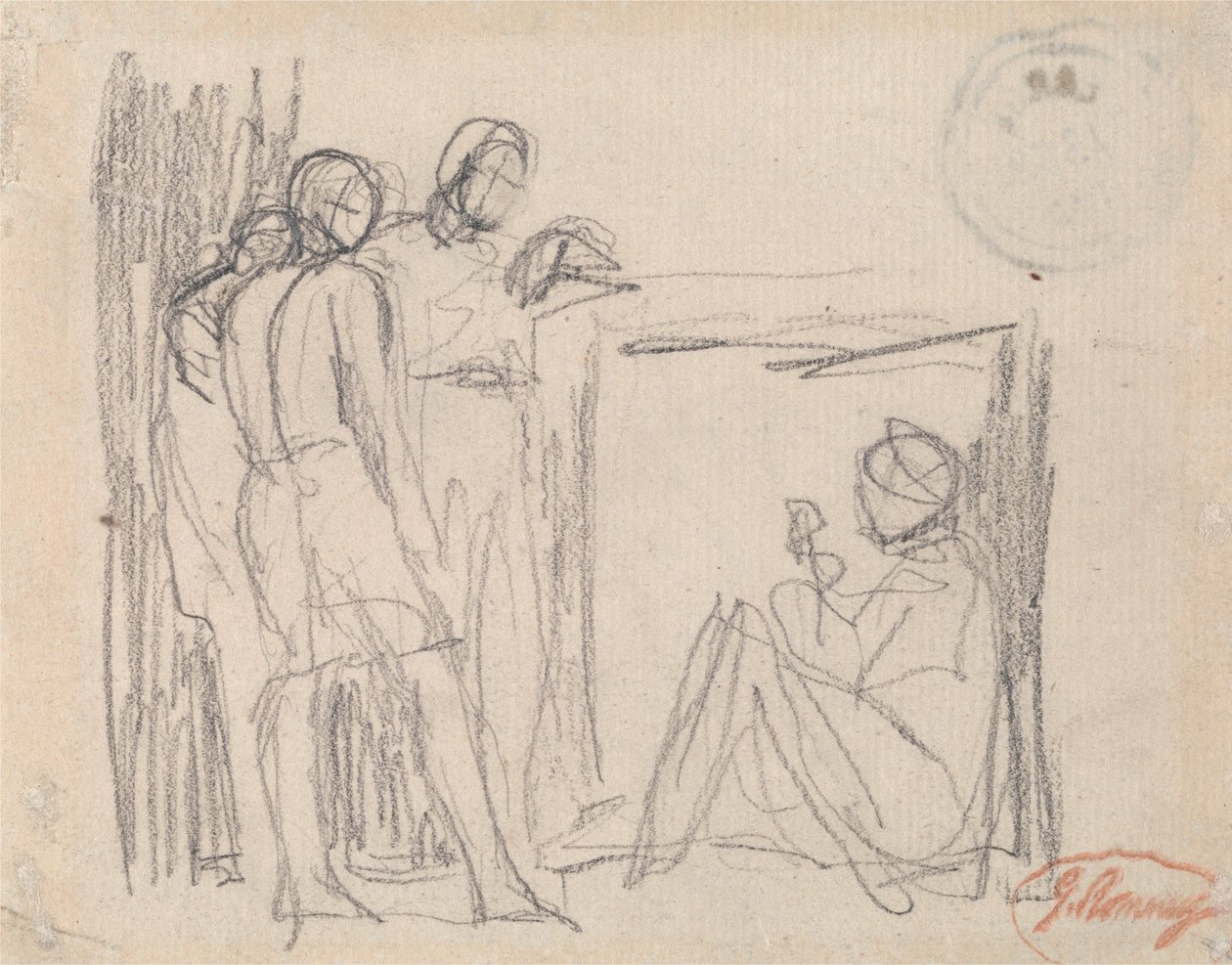 Drei stehende Figuren vor einer sitzenden Figur von George Romney