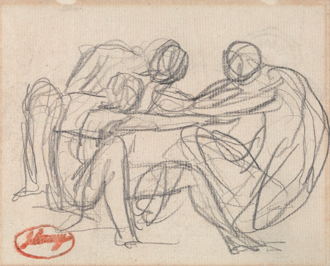 Zwei kniende Figuren kämpfen mit einer sitzenden Figur von George Romney