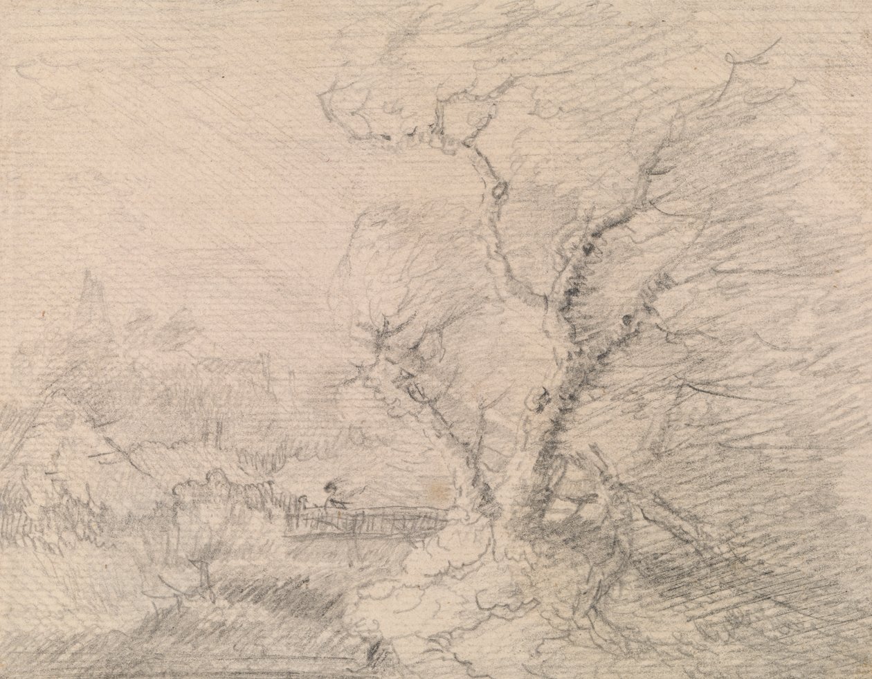 Landschaft mit Fußbrücke und großem Baum von George Smith