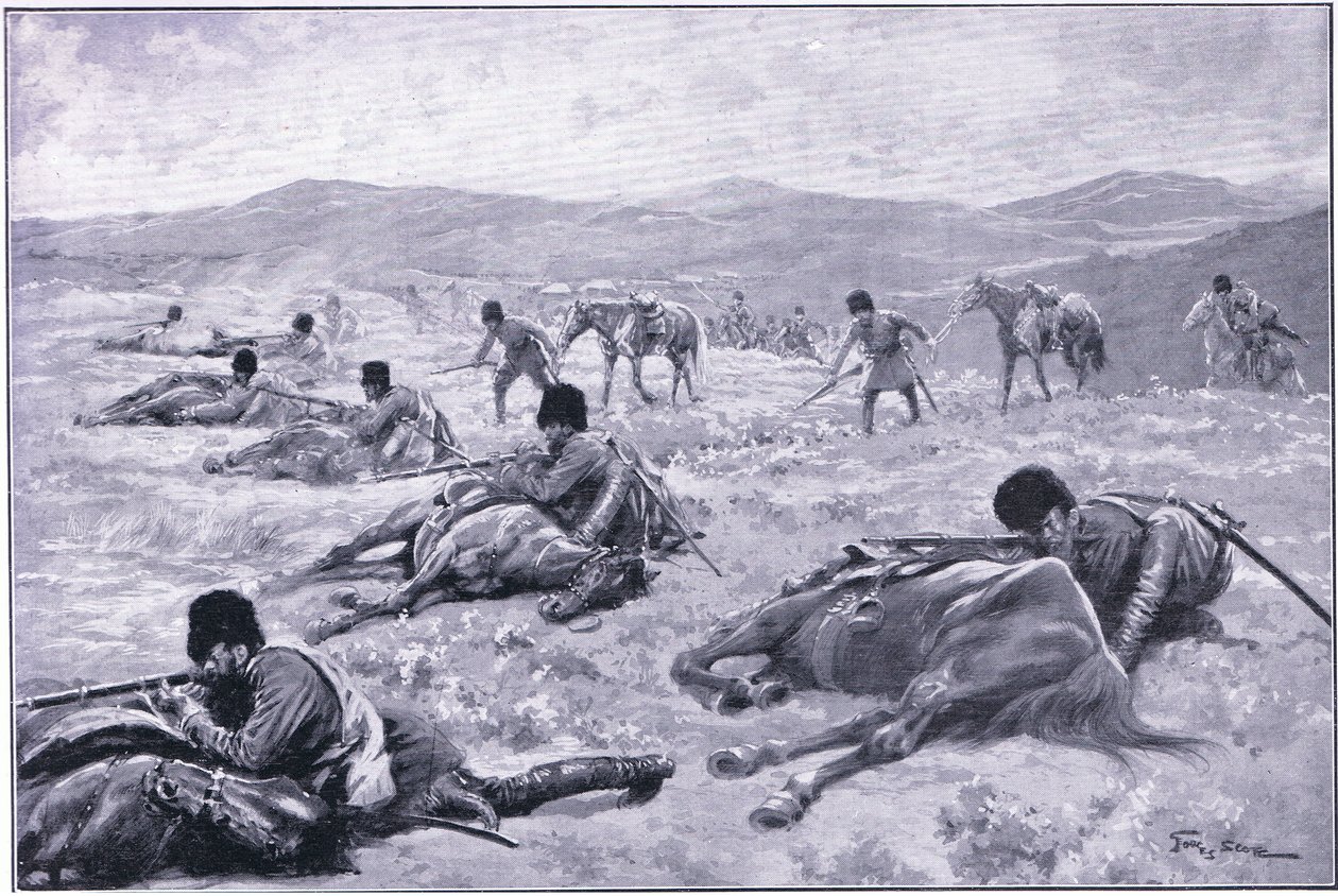 Ein Kosake und sein Pferd: eine Vorrichtung zur Deckung während eines Gefechts, Illustration aus Cassells Geschichte des Russisch-Japanischen Krieges Band 1, ca. 1900 von George Soper