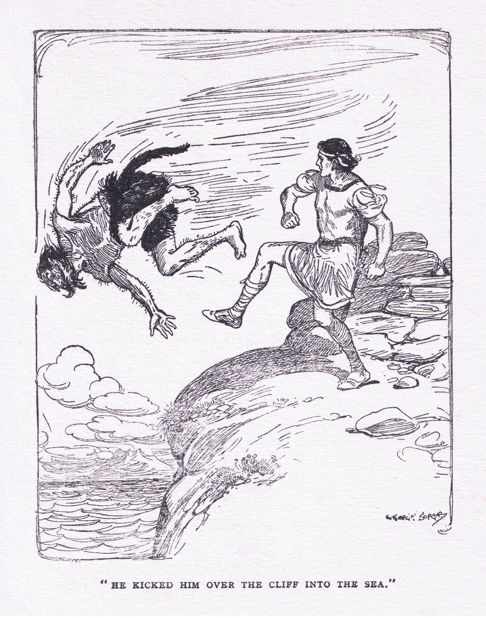 Er trat ihn über die Klippe ins Meer, aus The Heroes, veröffentlicht von George Allen and Unwin 1929 von George Soper